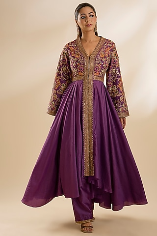 Purple Chanderi Silk Embroidered Kalidar Kurta Set by Petticoat Lane