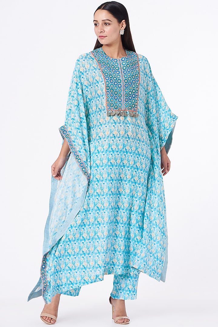 Sky Blue Cotton Silk Zardosi Embroidered Kaftan Kurta Set by Petticoat Lane