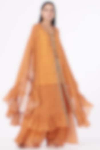 Orange Cotton Silk Zardosi Embroidered Kaftan Kurta Set by Petticoat Lane