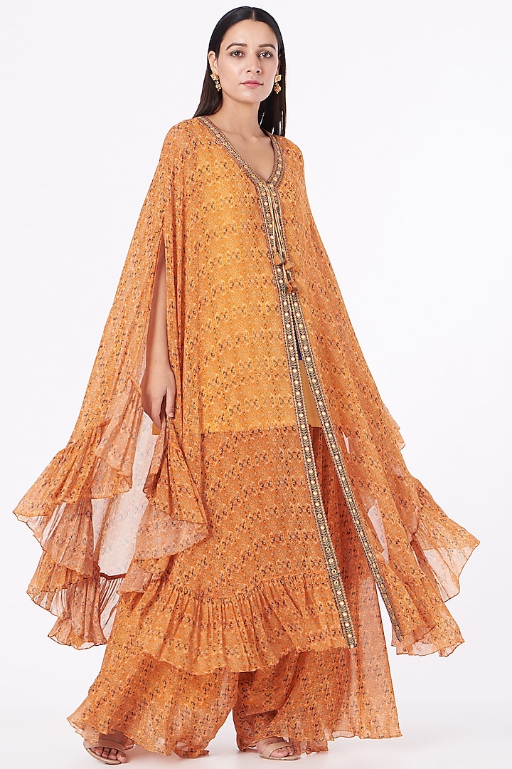 Orange Cotton Silk Zardosi Embroidered Kaftan Kurta Set by Petticoat Lane