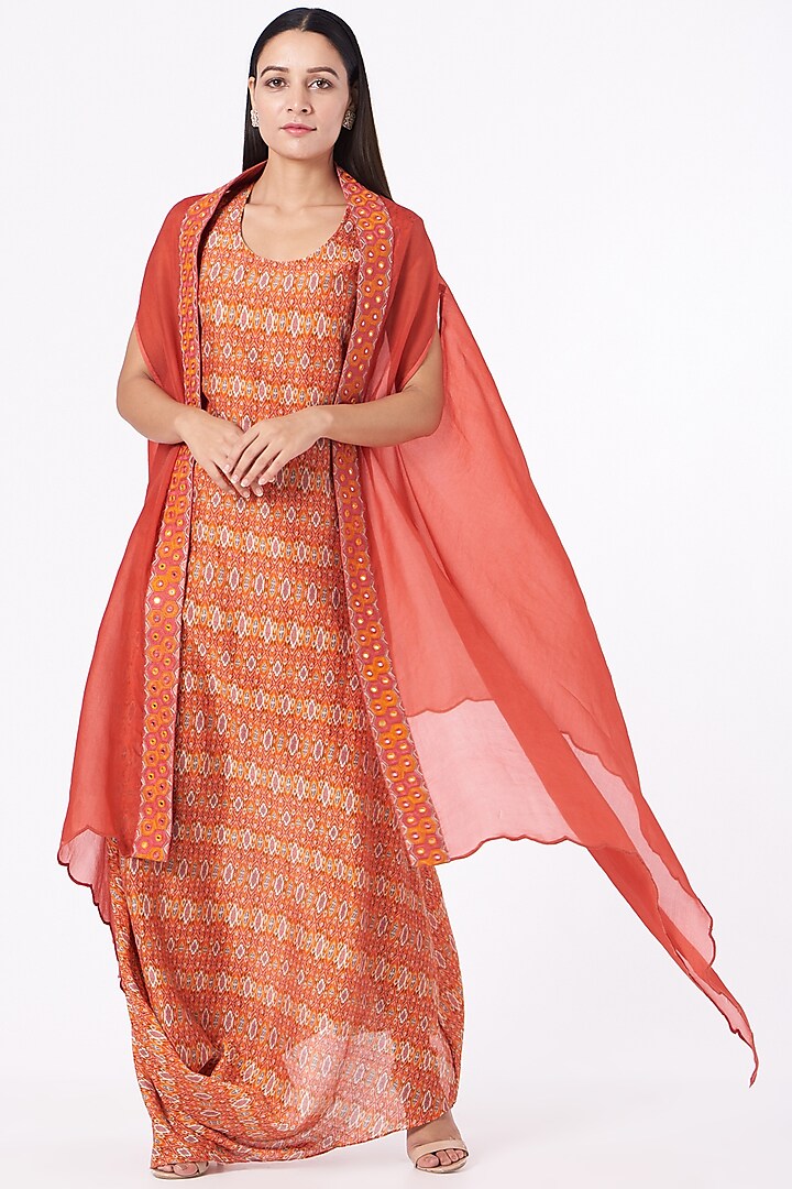 Red Cotton Silk Kaftan Kurta With Embroidered Cape by Petticoat Lane