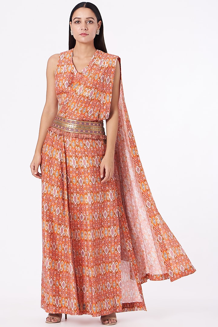 Orange Embroidered Draped Saree Set by Petticoat Lane