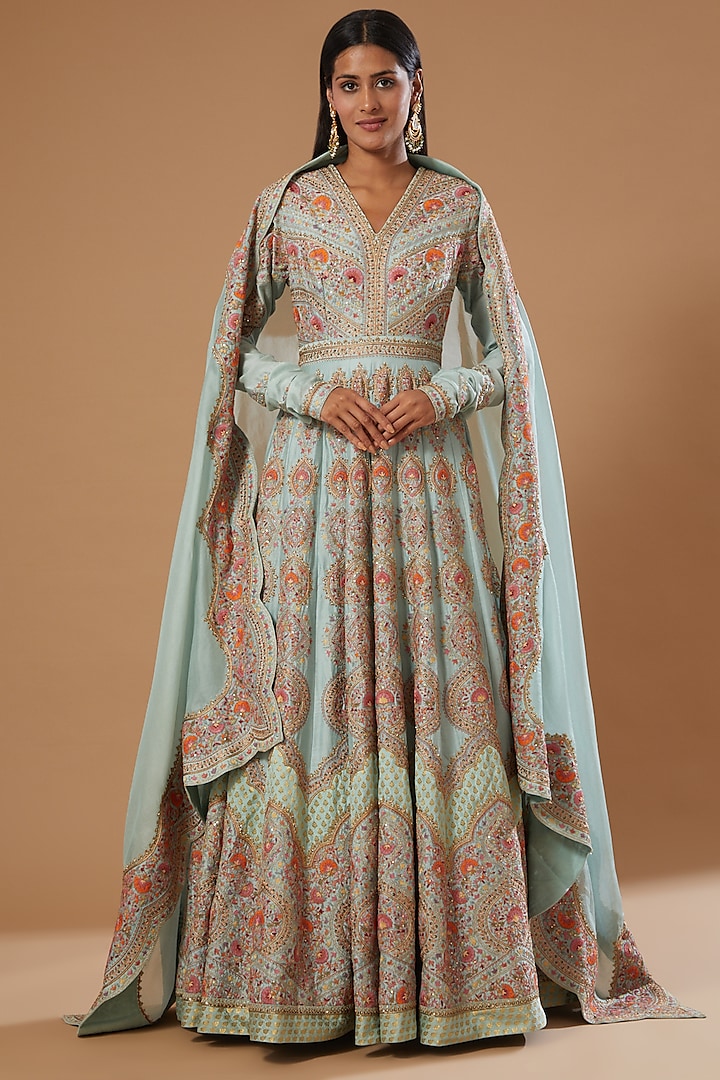 Blue Embroidered Kalidar Anarkali Set by Petticoat Lane