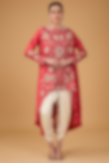 Coral Chanderi Embroidered High-Low Kurta Set by Petticoat Lane