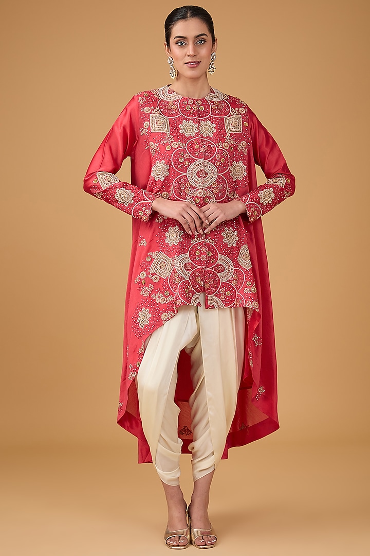 Coral Chanderi Embroidered High-Low Kurta Set by Petticoat Lane