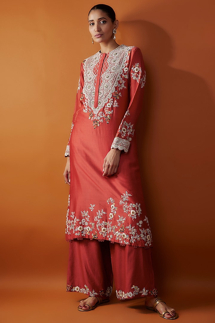 Red Chanderi Dori Embroidered Kurta Set by Petticoat Lane at Pernia's Pop Up Shop