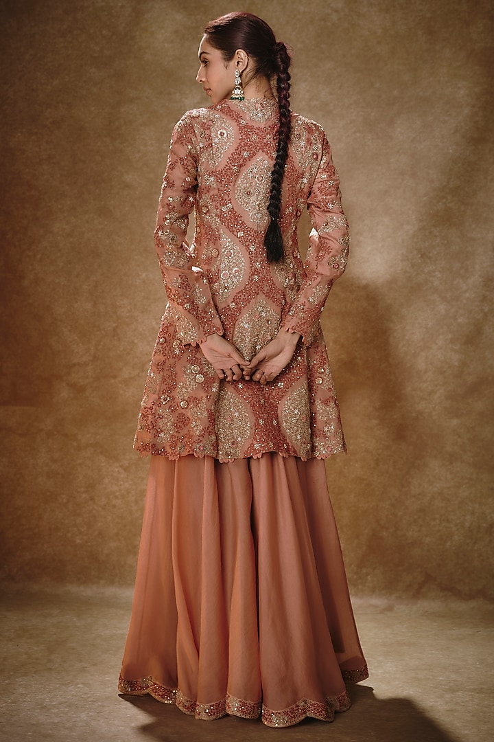 Peach Organza Wedding Sharara Set by Petticoat Lane at Pernia's Pop Up Shop