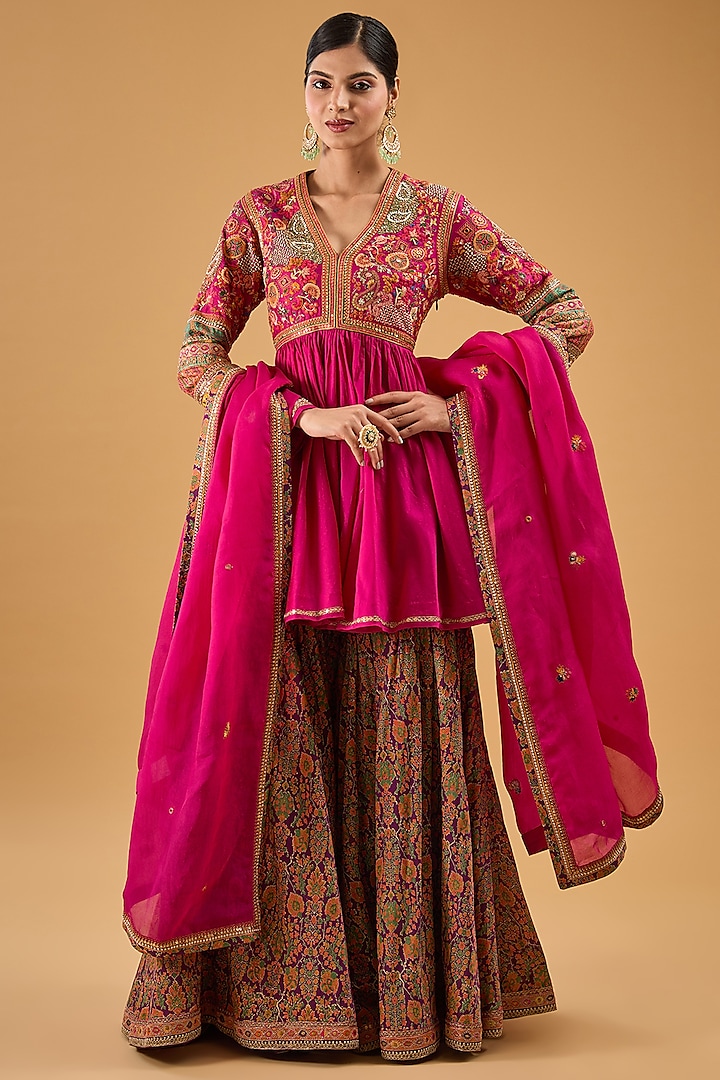 Pink Chanderi Printed Sharara Set by Petticoat Lane