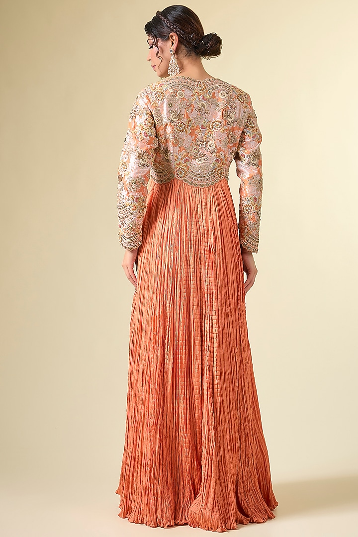 Saffron Shimmer Brocade Crushed Bridal Anarkali Set by Petticoat Lane at Pernia's Pop Up Shop