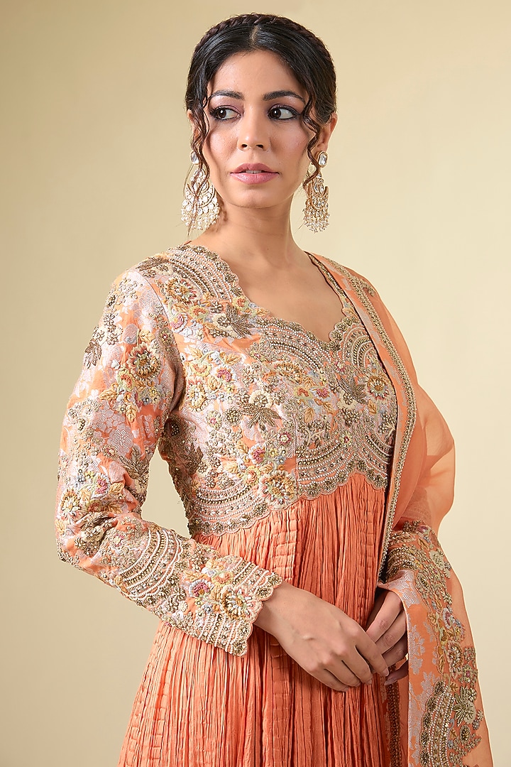 Saffron Shimmer Brocade Crushed Bridal Anarkali Set by Petticoat Lane at Pernia's Pop Up Shop
