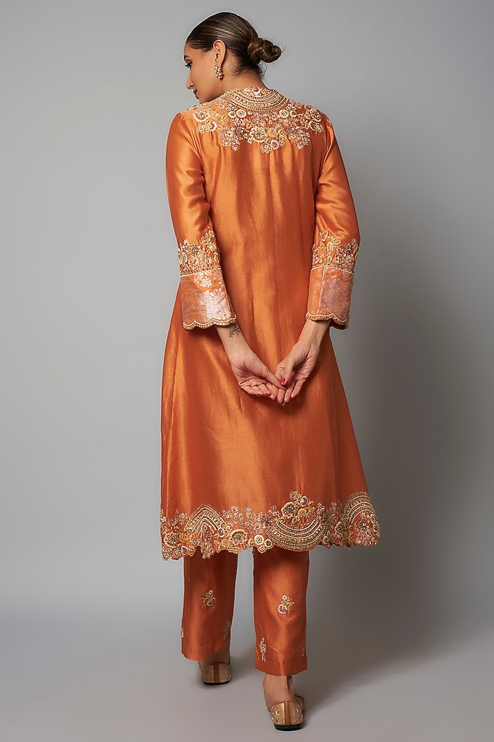 Saffron Shimmer Brocade Chanderi Hand & Machine Embroidered Kurta Set by Petticoat Lane at Pernia's Pop Up Shop