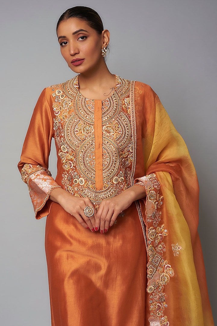 Saffron Shimmer Brocade Chanderi Hand & Machine Embroidered Kurta Set by Petticoat Lane at Pernia's Pop Up Shop
