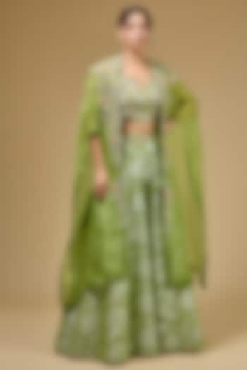 Pista Green Organza Hand & Machine Embroidered Cape Set by Petticoat Lane at Pernia's Pop Up Shop