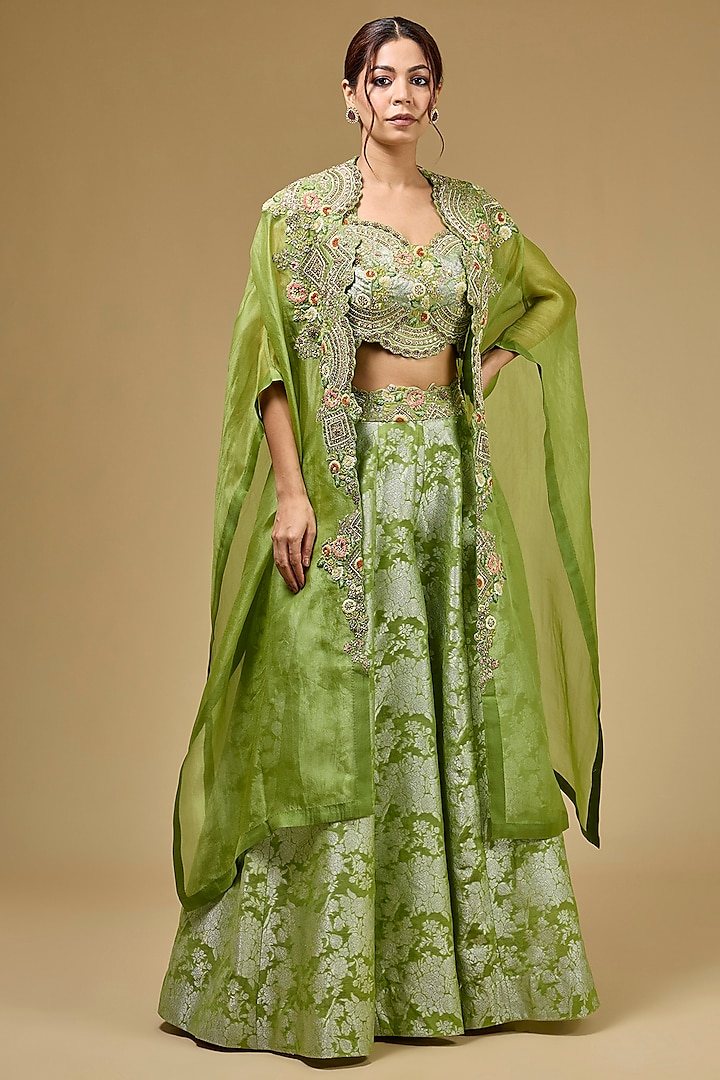 Pista Green Organza Hand & Machine Embroidered Cape Set by Petticoat Lane at Pernia's Pop Up Shop