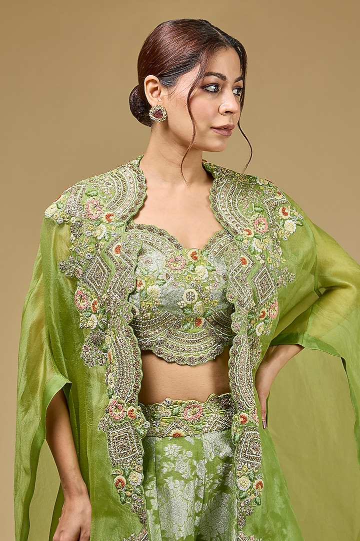 Pista Green Organza Hand & Machine Embroidered Cape Set by Petticoat Lane at Pernia's Pop Up Shop