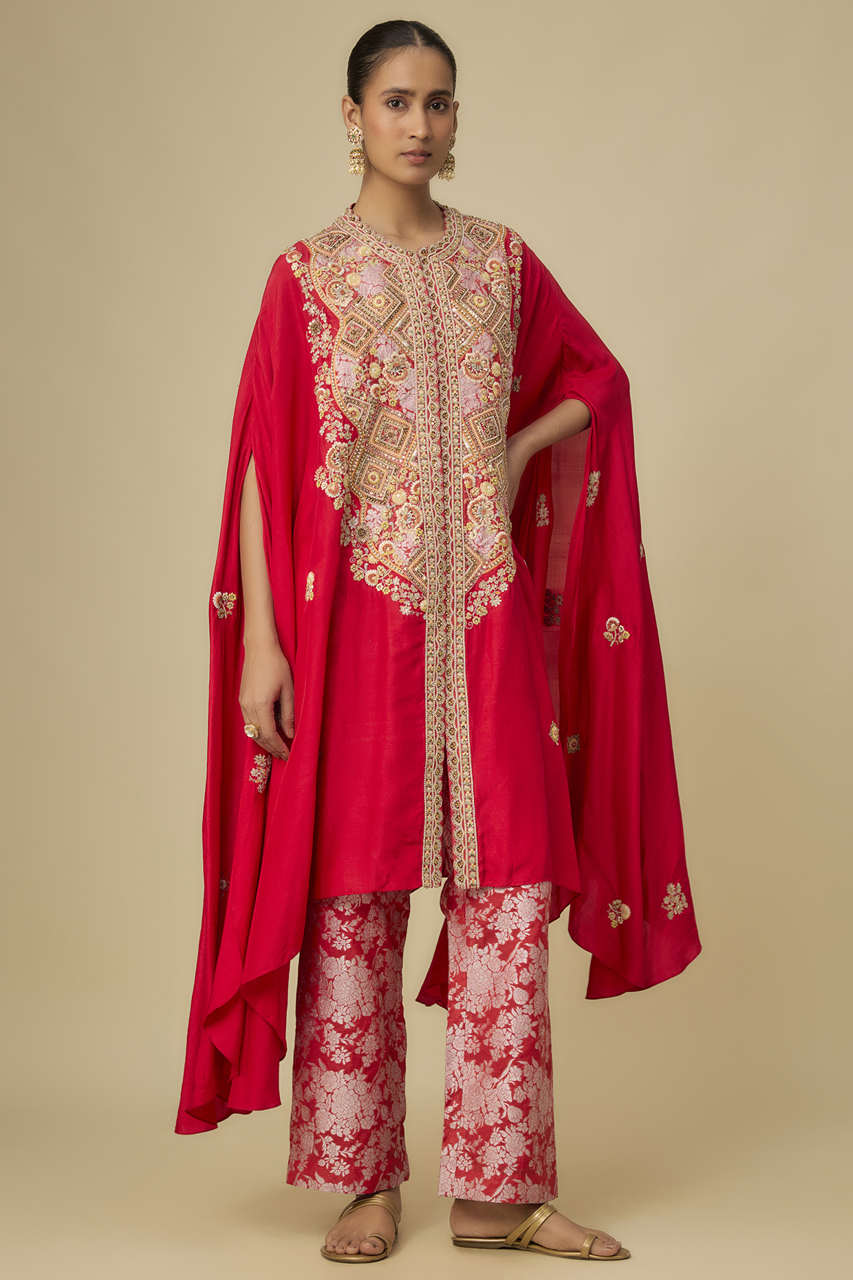 Red Shimmer Brocade Dupion Asymmetric Kafan Set by Petticoat Lane at Pernia's Pop Up Shop