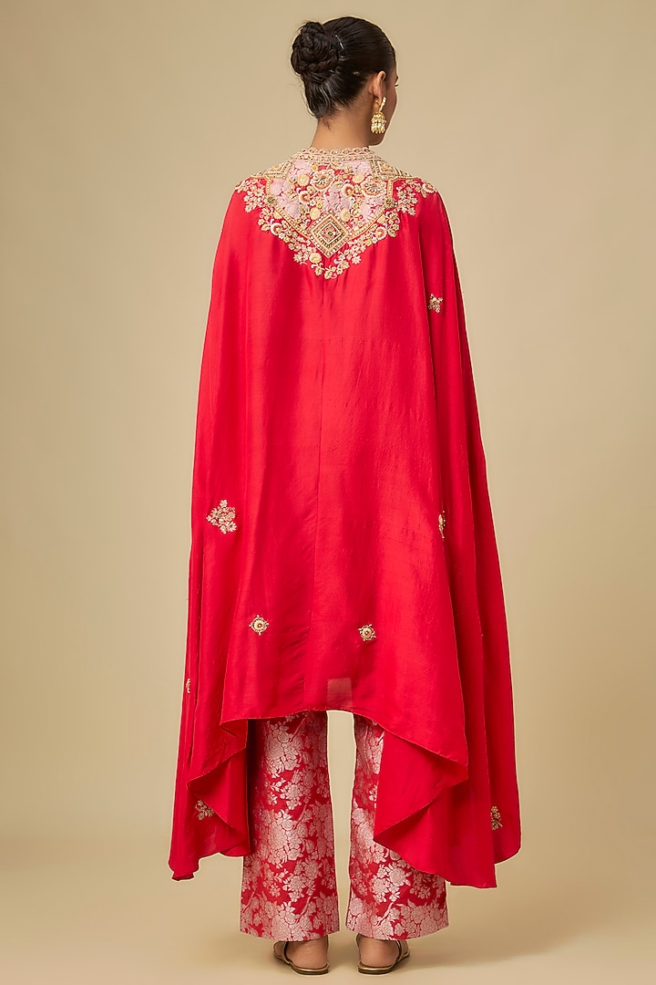 Red Shimmer Brocade Dupion Asymmetric Kafan Set by Petticoat Lane at Pernia's Pop Up Shop