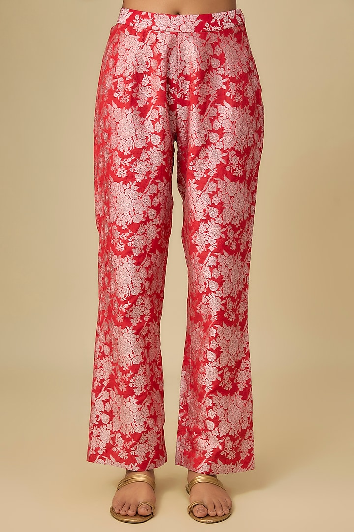 Red Shimmer Brocade Dupion Asymmetric Kafan Set by Petticoat Lane at Pernia's Pop Up Shop