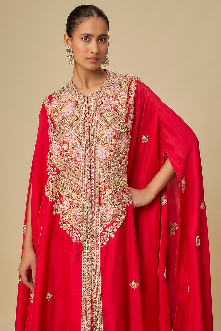 Red Shimmer Brocade Dupion Asymmetric Kafan Set by Petticoat Lane at Pernia's Pop Up Shop
