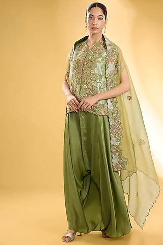 Pista Green Organza Cape Set by Petticoat Lane