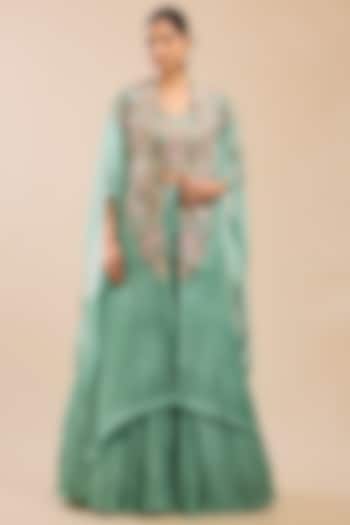 Green Organza Patchwork Cape Set by Petticoat Lane at Pernia's Pop Up Shop