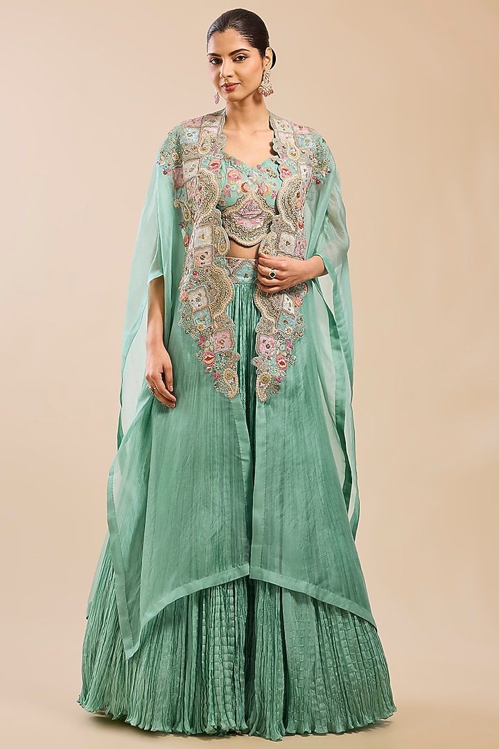 Green Organza Patchwork Cape Set by Petticoat Lane at Pernia's Pop Up Shop