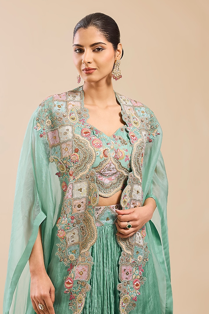 Green Organza Patchwork Cape Set by Petticoat Lane at Pernia's Pop Up Shop