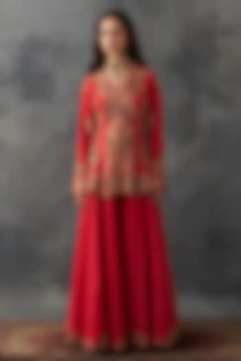 Red Organza & Chanderi Bridal Sharara Set by Petticoat Lane at Pernia's Pop Up Shop