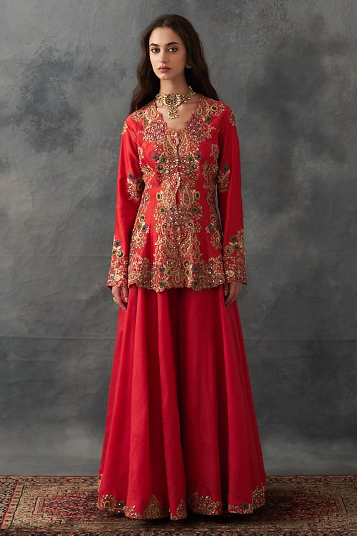 Red Organza & Chanderi Bridal Sharara Set by Petticoat Lane at Pernia's Pop Up Shop