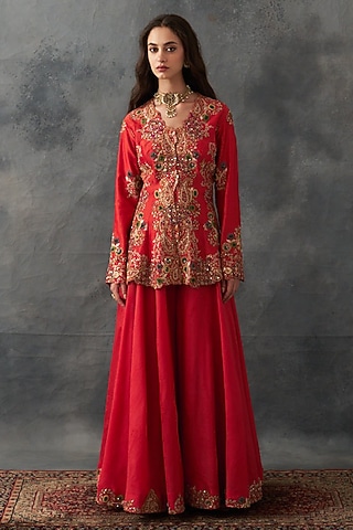 Red Organza & Chanderi Sharara Set by Petticoat Lane