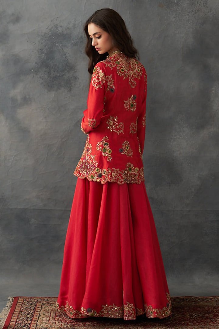 Red Organza & Chanderi Bridal Sharara Set by Petticoat Lane at Pernia's Pop Up Shop