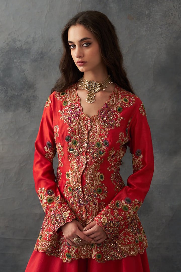 Red Organza & Chanderi Bridal Sharara Set by Petticoat Lane at Pernia's Pop Up Shop