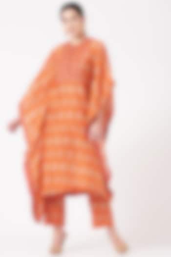 Orange Chanderi Silk Mirror Embroidered Ikat Kaftan Kurta Set by Petticoat Lane
