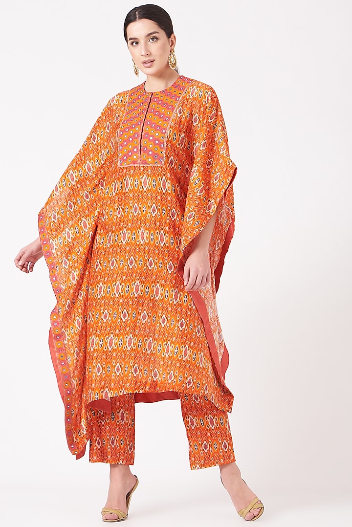 Orange Chanderi Silk Mirror Embroidered Ikat Kaftan Kurta Set by Petticoat Lane