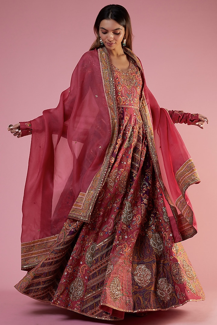 Pink & Purple Chanderi Embroidered Anarkali Set by Petticoat Lane