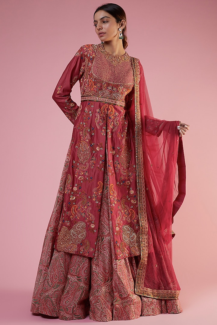Pink Chanderi Printed Jacket Lehenga Set by Petticoat Lane