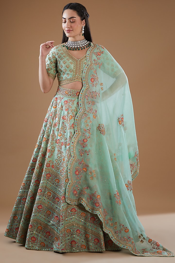 English Blue Dupion Embroidered Bridal Lehenga Set by Petticoat Lane at Pernia's Pop Up Shop