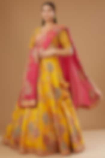 Yellow Dupion Embroidered Lehenga Set by Petticoat Lane