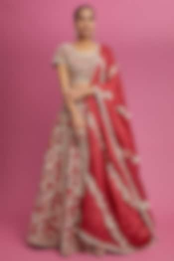 Red Dupion Dori Work Bridal Lehenga Set by Petticoat Lane at Pernia's Pop Up Shop