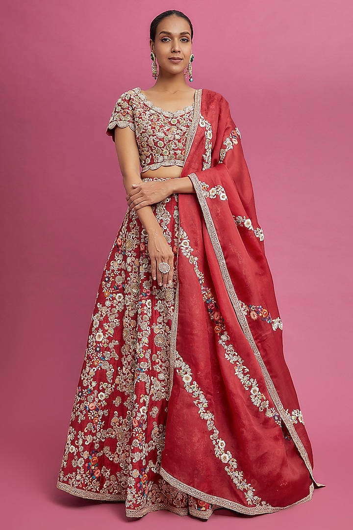 Red Dupion Dori Work Bridal Lehenga Set by Petticoat Lane at Pernia's Pop Up Shop