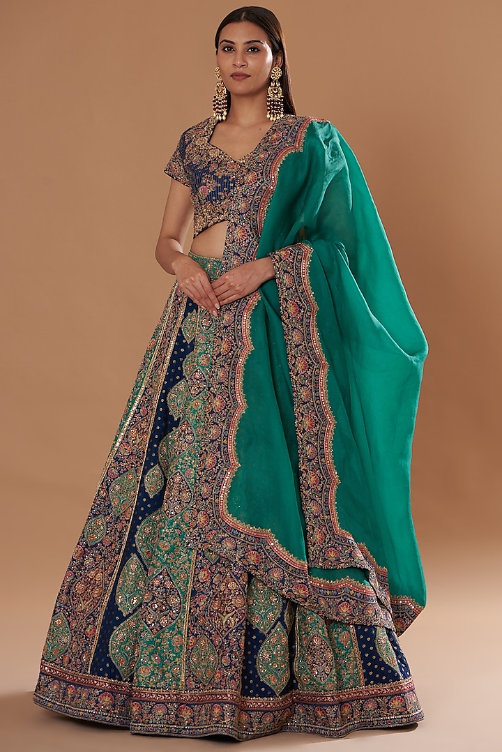 Green Brocade Embroidered Lehenga Set by Petticoat Lane