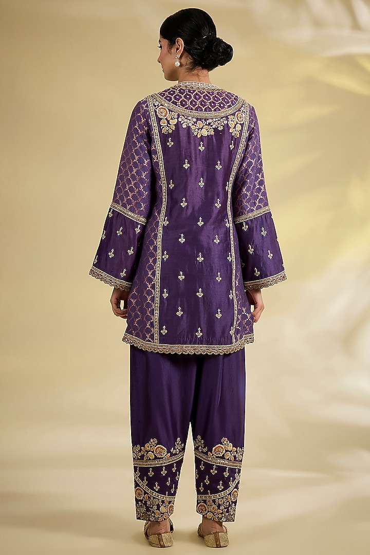 Purple Shimmer Brocade & Chanderi Short Kurta Set by Petticoat Lane at Pernia's Pop Up Shop