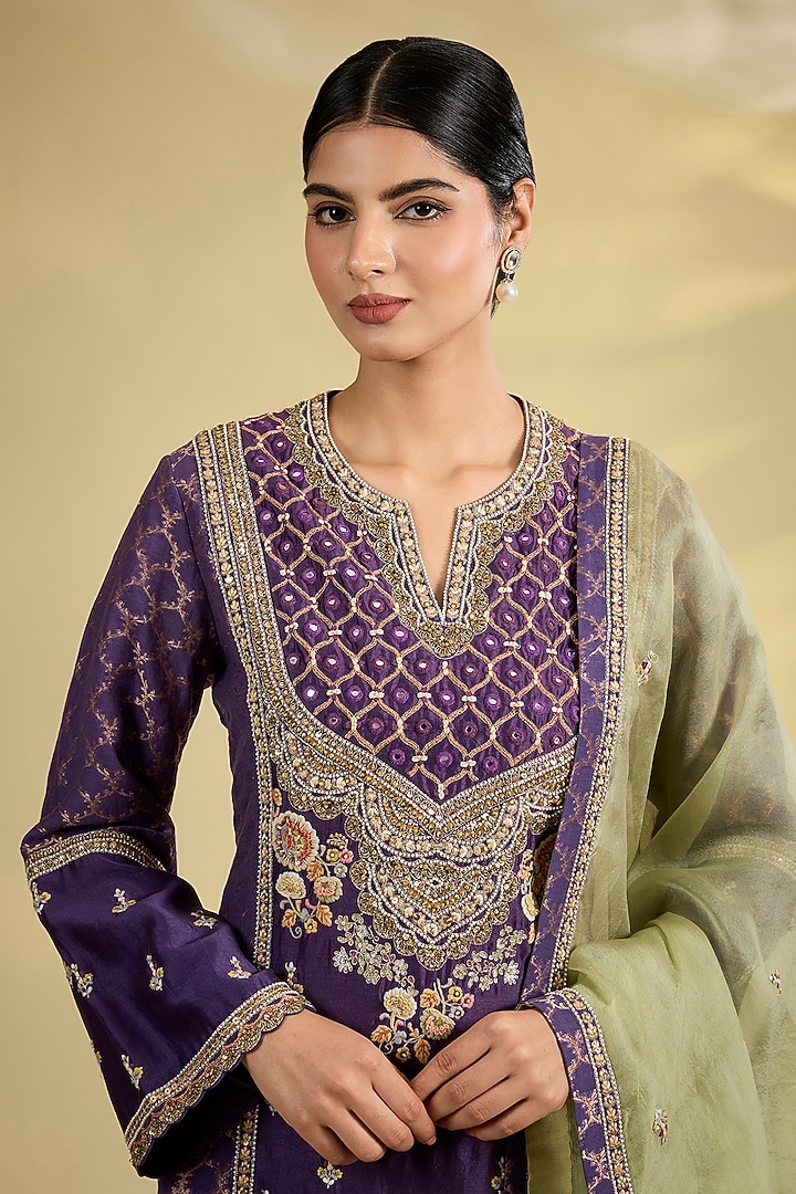 Purple Shimmer Brocade & Chanderi Short Kurta Set by Petticoat Lane at Pernia's Pop Up Shop