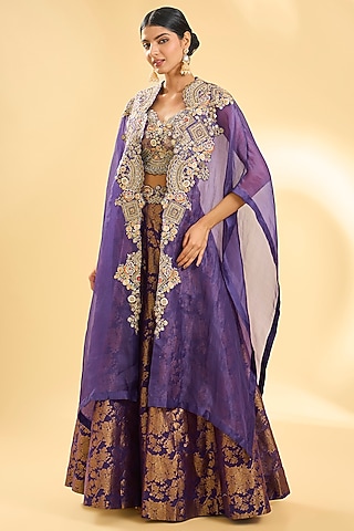 Purple Shimmer Brocade Hand & Machine Embroidered Jacket Set by Petticoat Lane