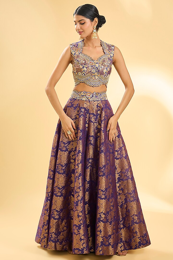 Purple Shimmer Brocade Hand & Machine Embroidered Jacket Set by Petticoat Lane at Pernia's Pop Up Shop