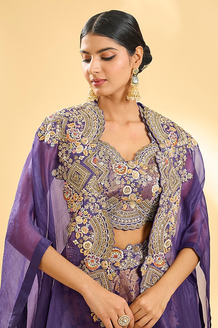 Purple Shimmer Brocade Hand & Machine Embroidered Jacket Set by Petticoat Lane at Pernia's Pop Up Shop