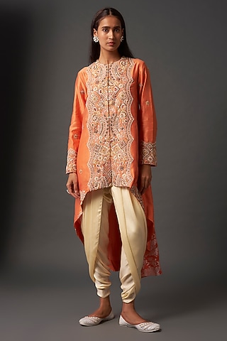 Saffron Shimmer Brocade High-Low Jacket Set by Petticoat Lane
