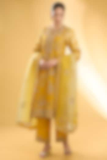 Yellow Shimmer Brocade Hand & Machine Embroidered A-Line Kurta Set by Petticoat Lane at Pernia's Pop Up Shop