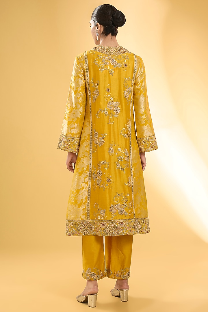 Yellow Shimmer Brocade Hand & Machine Embroidered A-Line Kurta Set by Petticoat Lane at Pernia's Pop Up Shop