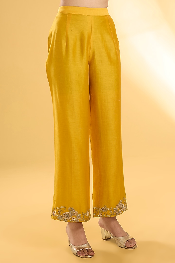 Yellow Shimmer Brocade Hand & Machine Embroidered A-Line Kurta Set by Petticoat Lane at Pernia's Pop Up Shop